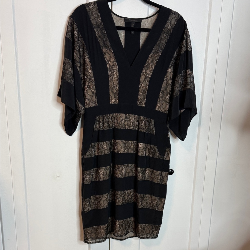 BCBGMaxAzria - Small - 'Habor" Black and Cream Lace Kimono Mini Dress